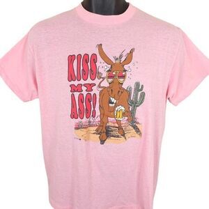 Vintage Kiss My Ass T Shirt Mens Size Large Pink 80s Donkey Beer Made In USA